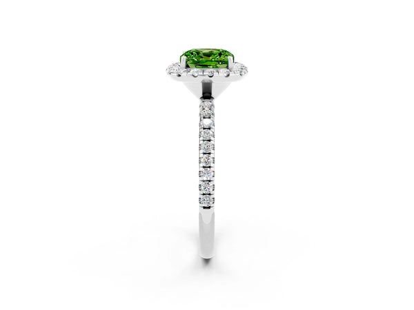 Platinum Cushion Cut Halo Round Diamond Pavé Band Four-Prong Ring