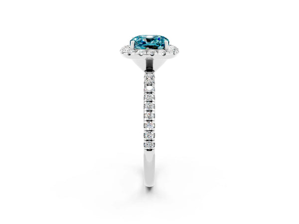 White gold Cushion Cut Halo Round Diamond Pavé Band Four-Prong Ring