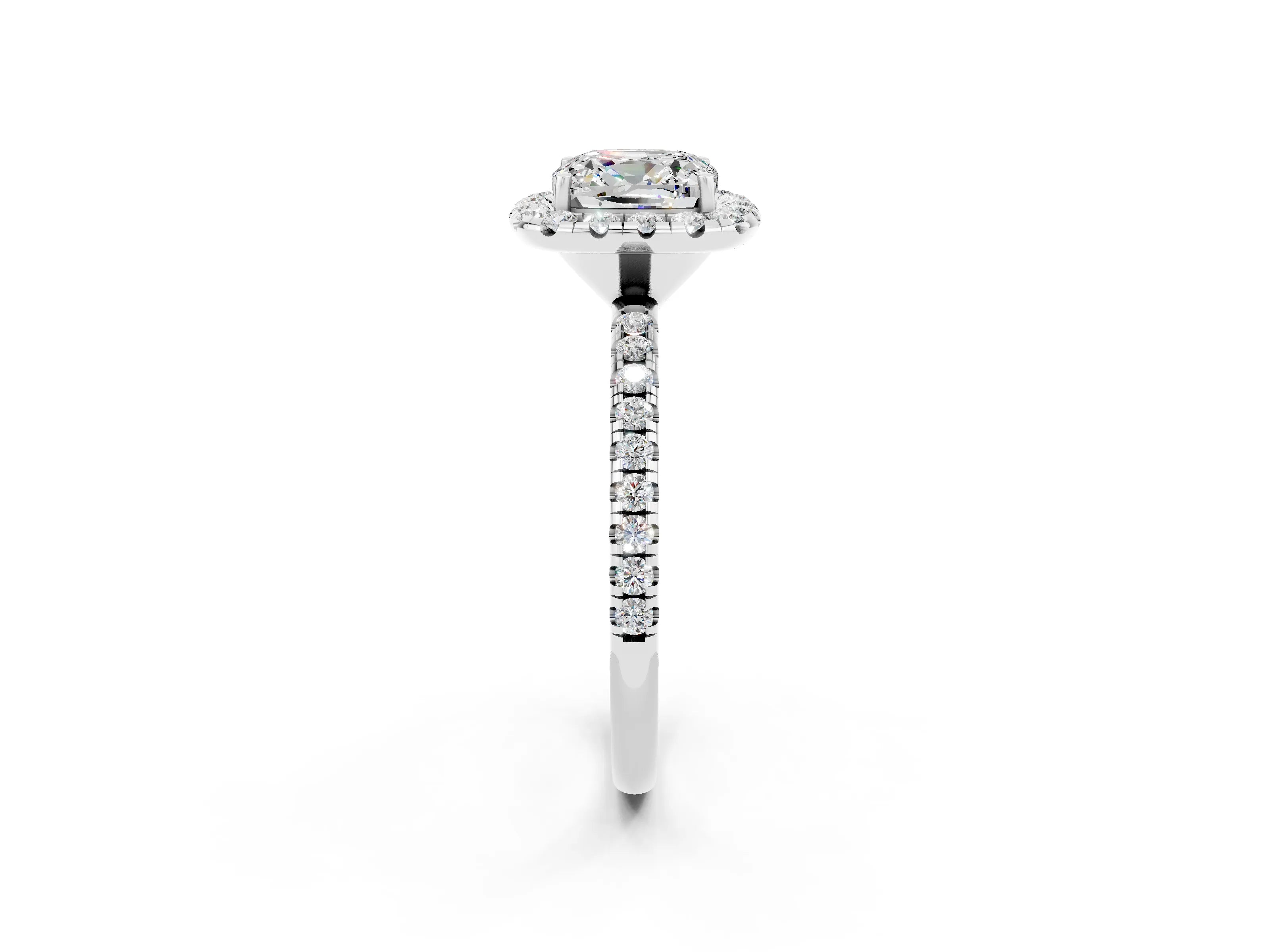 White gold Cushion Cut Halo Round Diamond Pavé Band Four-Prong Ring_2