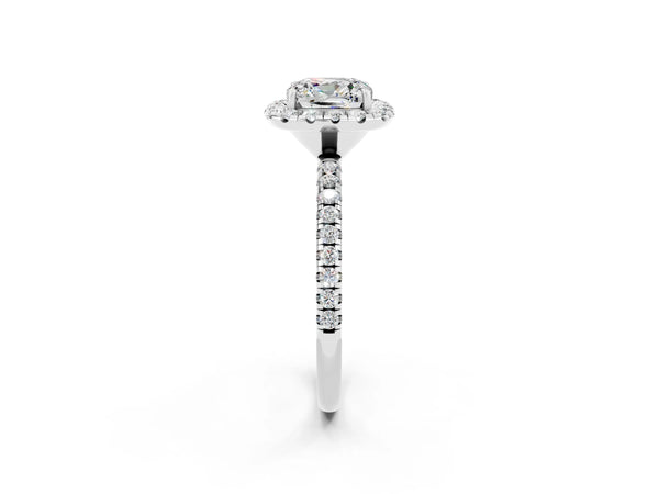 White gold Cushion Cut Moissanite Halo Ring with Round Pavé Band and Prong Setting