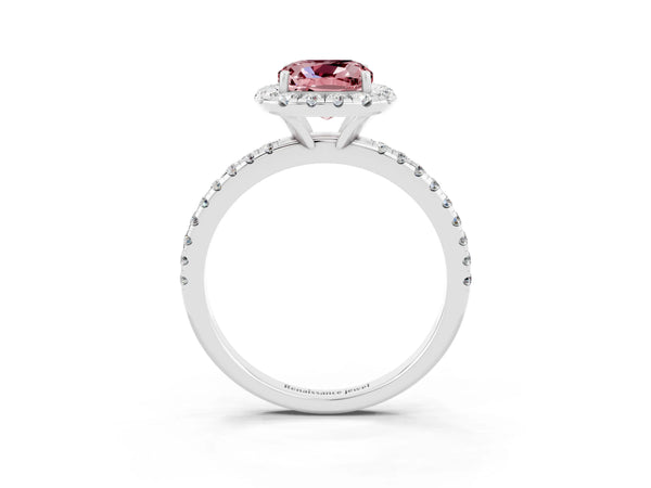 Silver Cushion Cut Halo Round Diamond Pavé Band Four-Prong Ring