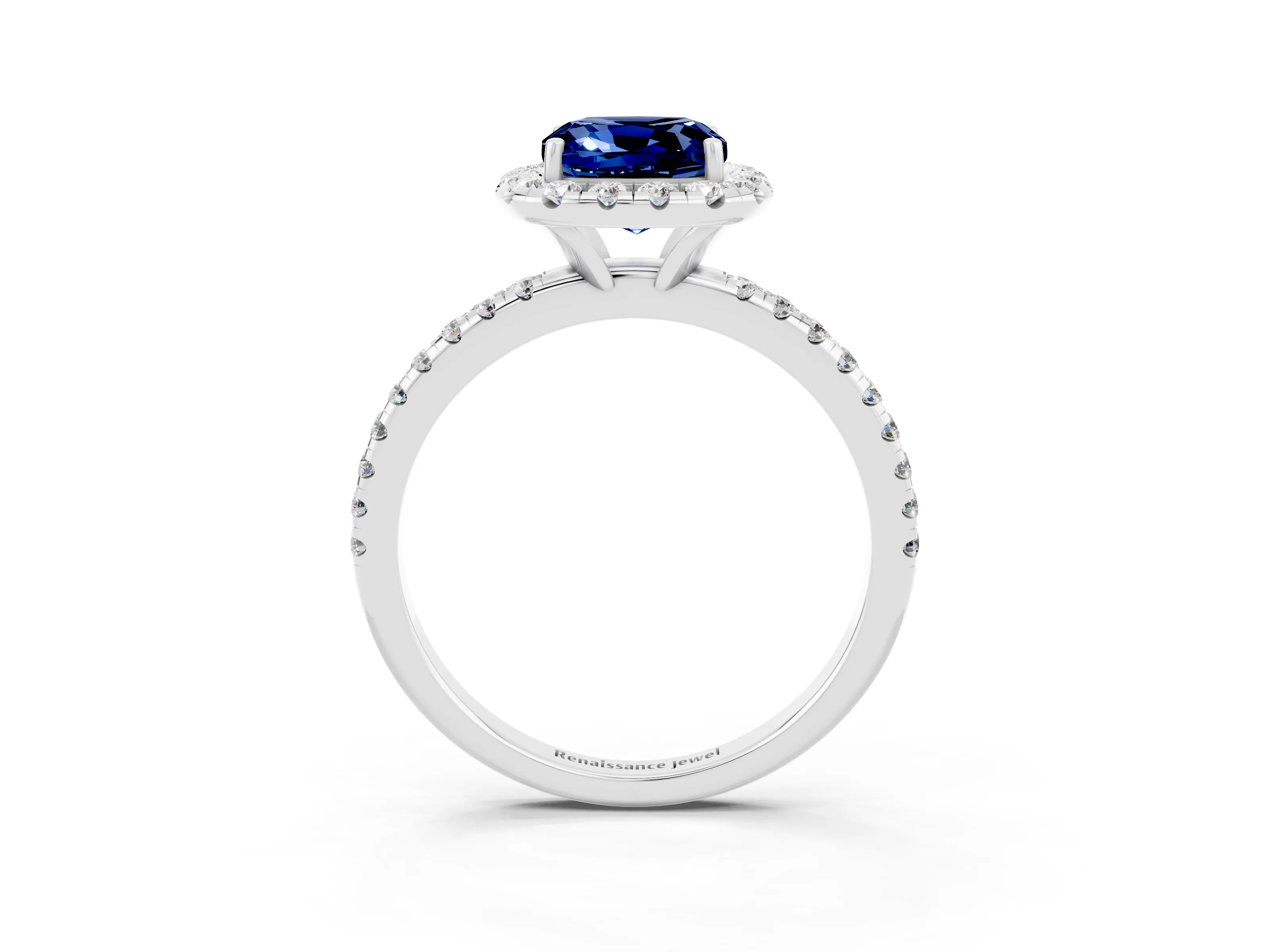 White gold Cushion Cut Halo Round Diamond Pavé Band Four-Prong Ring_3