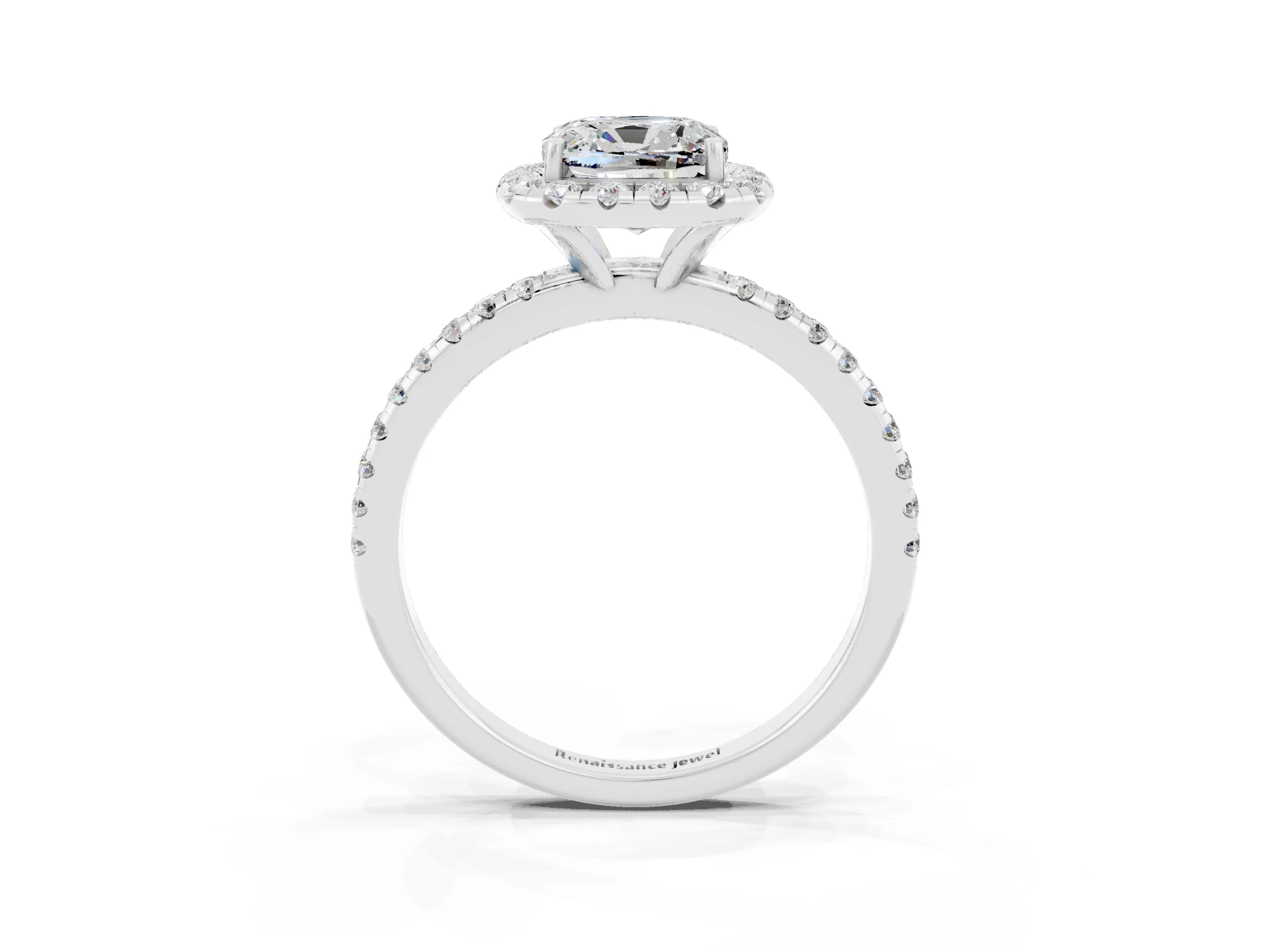 White gold Cushion Cut Halo Round Diamond Pavé Band Four-Prong Ring_3
