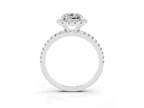 White gold Cushion Cut Halo Round Diamond Pavé Band Four-Prong Ring_3