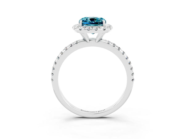 Silver Cushion Cut Halo Round Diamond Pavé Band Four-Prong Ring