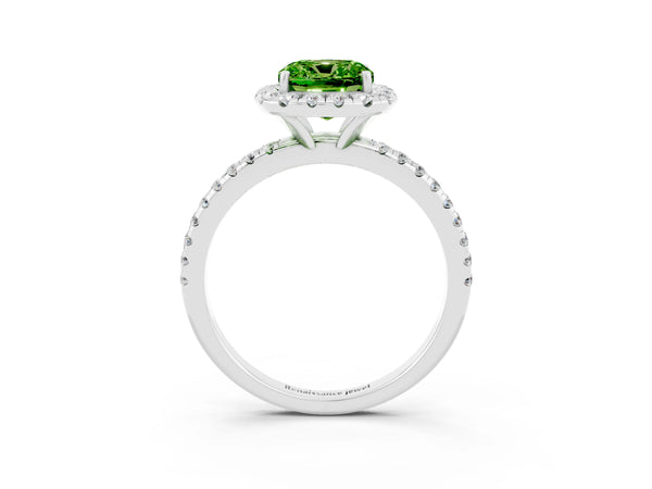 Platinum Cushion Cut Halo Round Diamond Pavé Band Four-Prong Ring