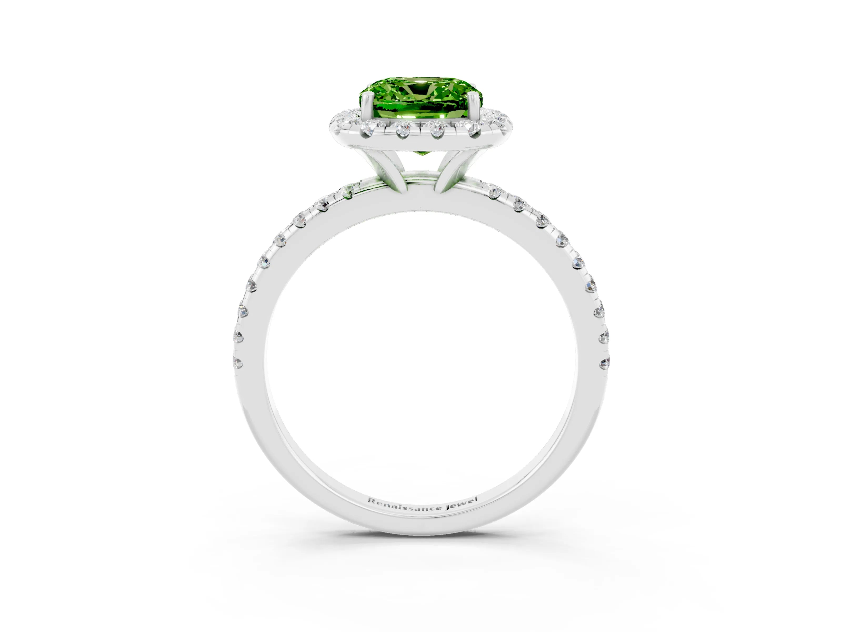White gold Cushion Cut Halo Round Diamond Pavé Band Four-Prong Ring_3