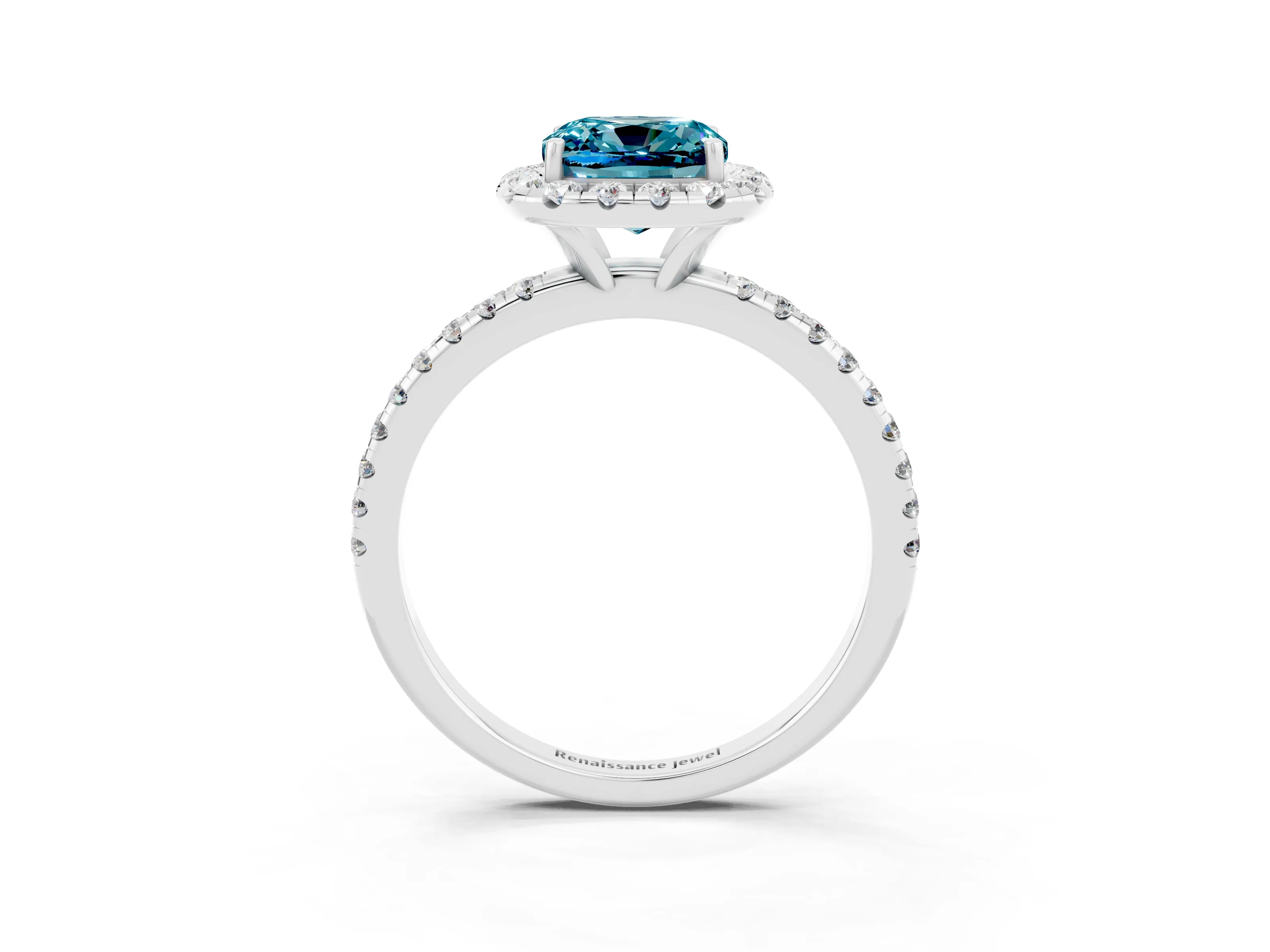 White gold Cushion Cut Halo Round Diamond Pavé Band Four-Prong Ring_3