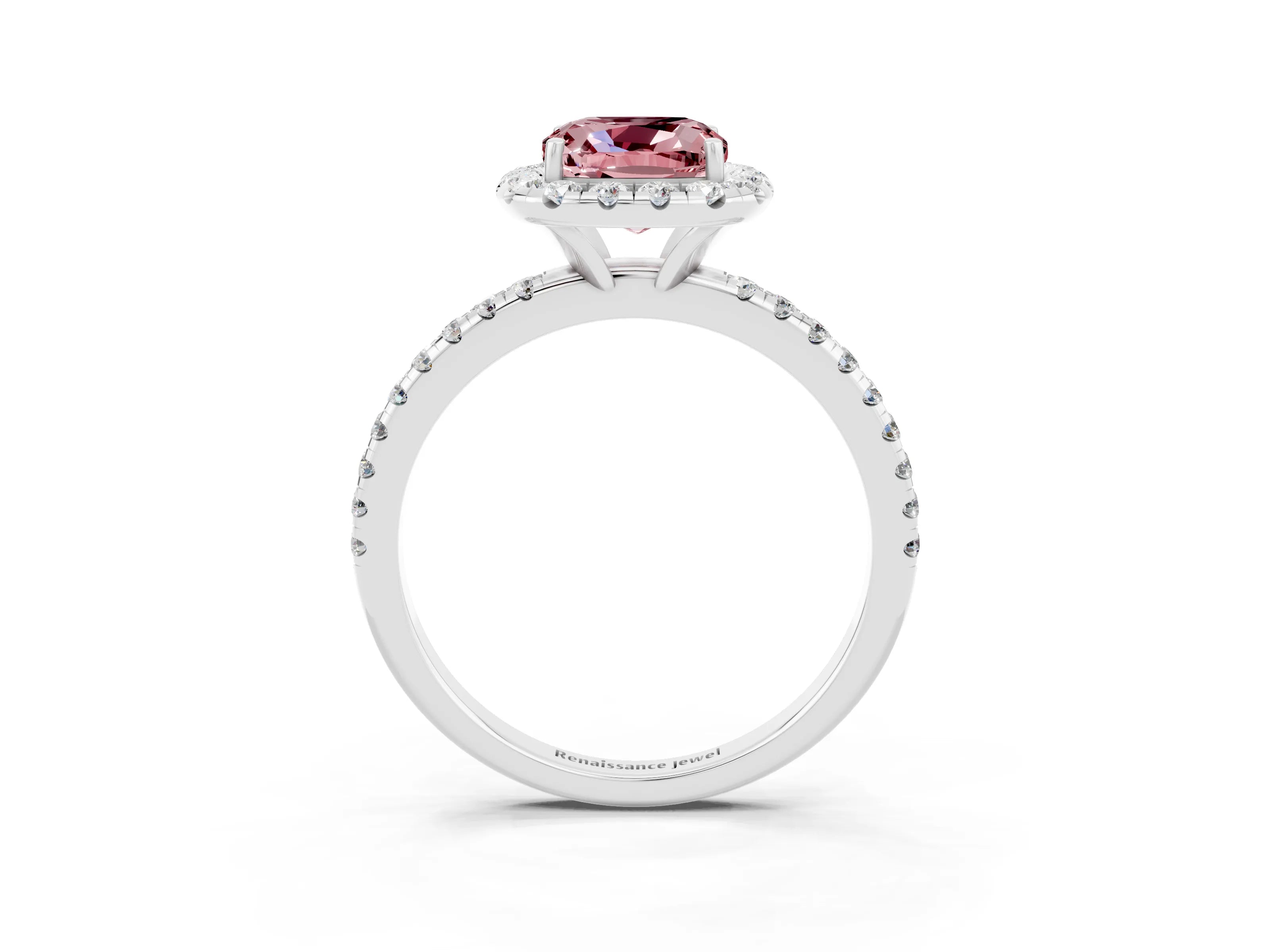 White gold Cushion Cut Halo Round Diamond Pavé Band Four-Prong Ring_3