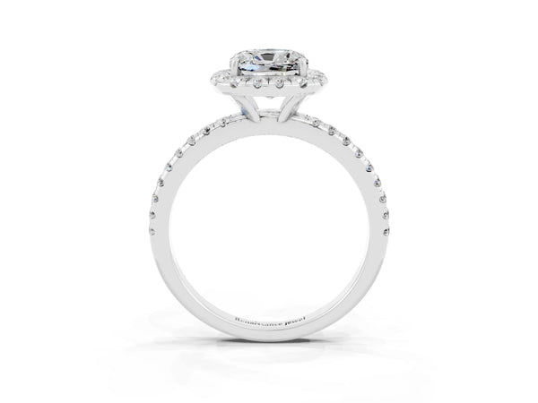 Silver Cushion Cut Moissanite Halo Ring with Round Pavé Band and Prong Setting