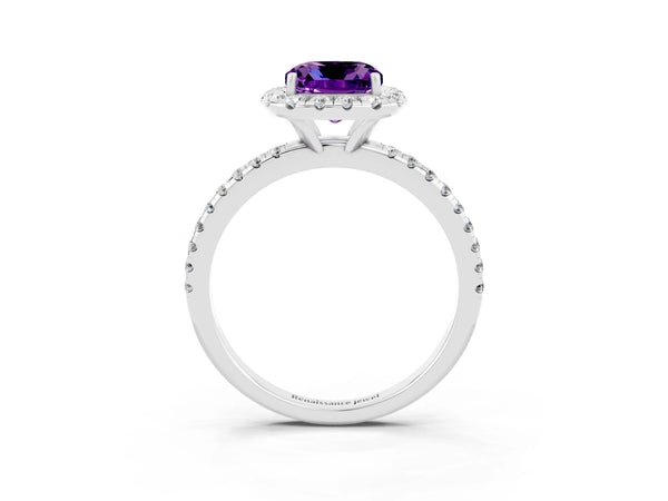 Silver Cushion Cut Amethyst Halo Ring with Round Pavé Band and Prong Setting