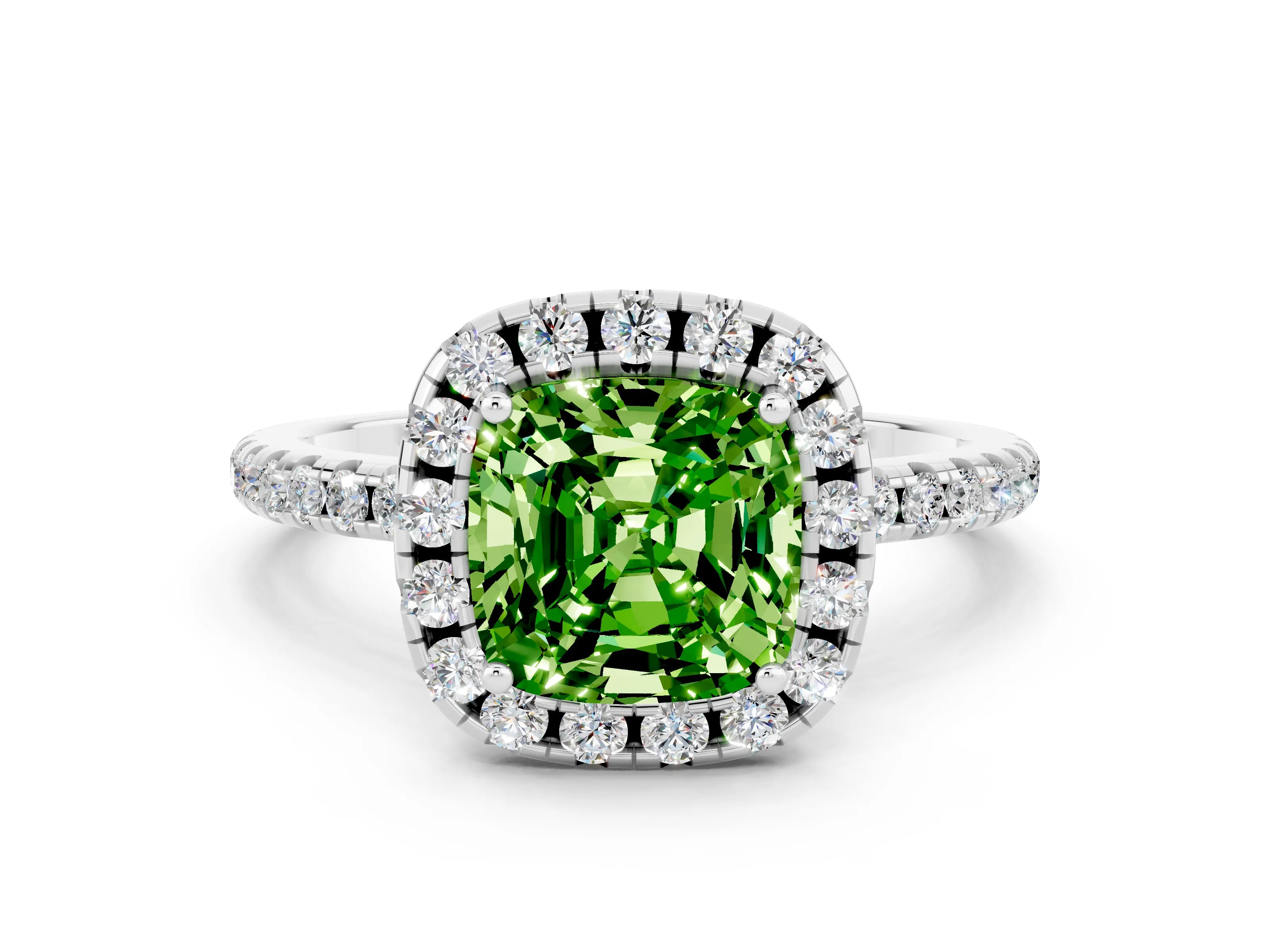 White gold Cushion Cut Halo Round Diamond Pavé Band Four-Prong Ring