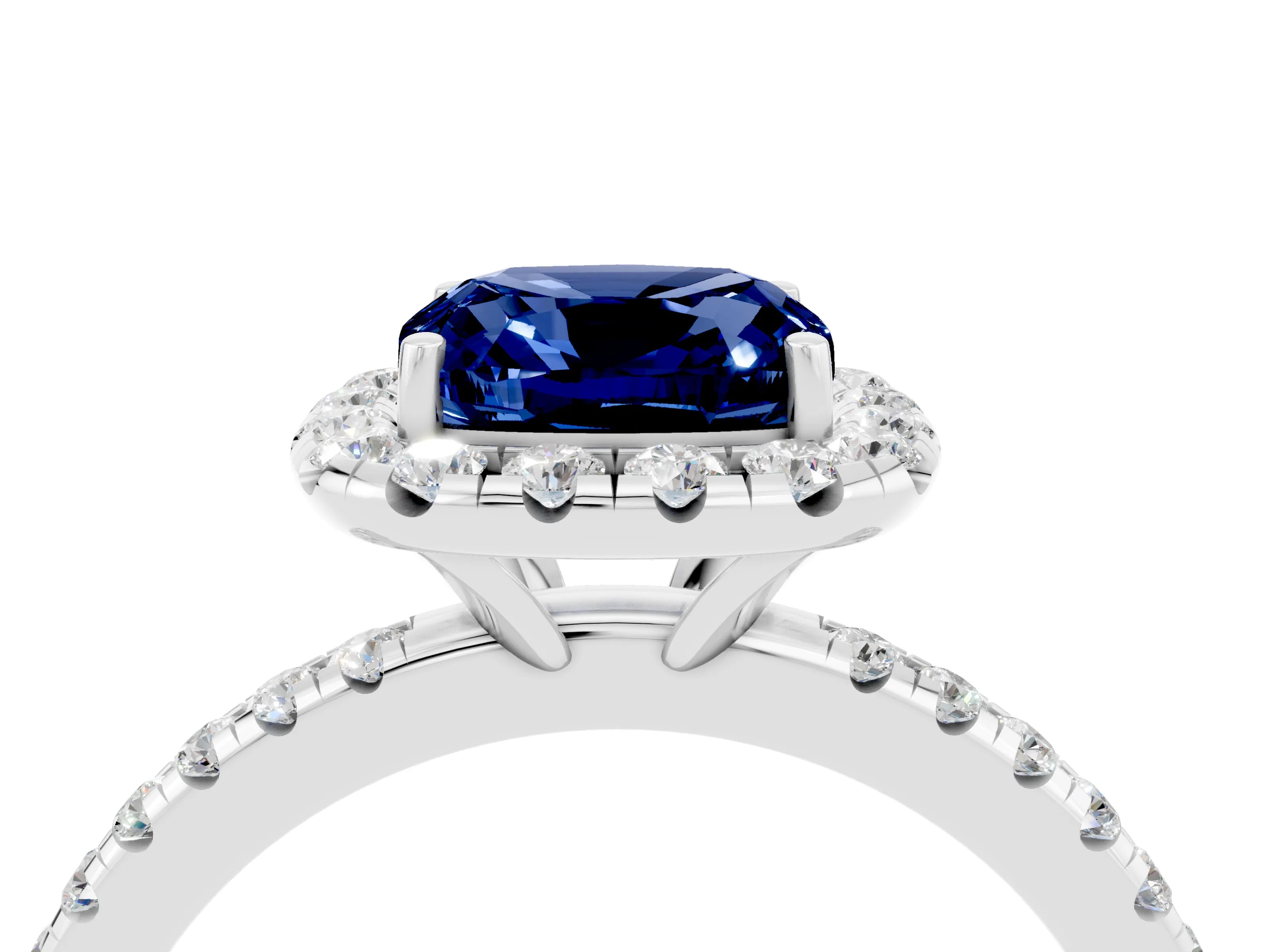 White gold Cushion Cut Halo Round Diamond Pavé Band Four-Prong Ring_4