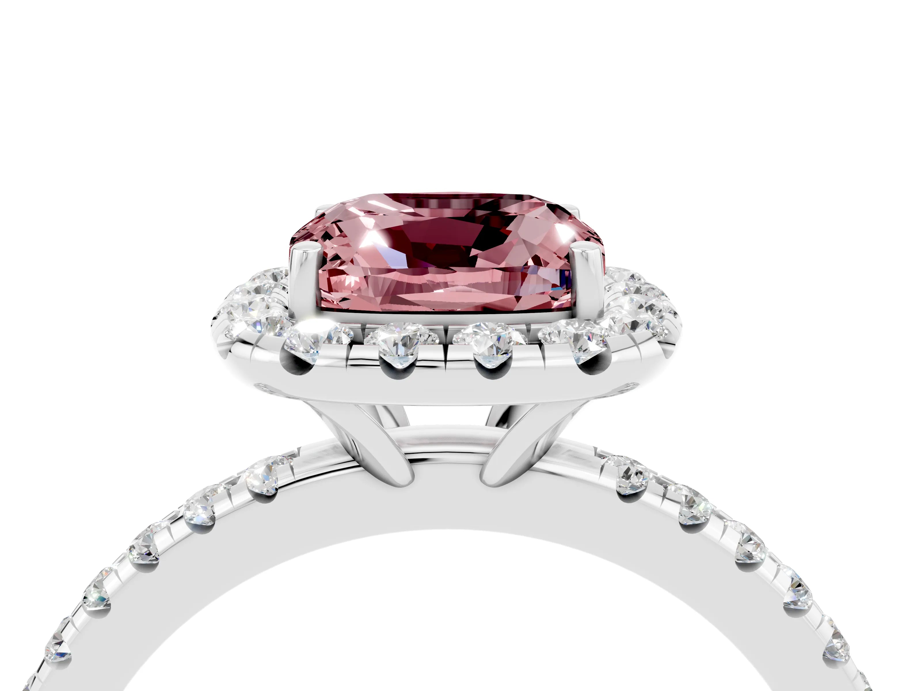 White gold Cushion Cut Halo Round Diamond Pavé Band Four-Prong Ring_4