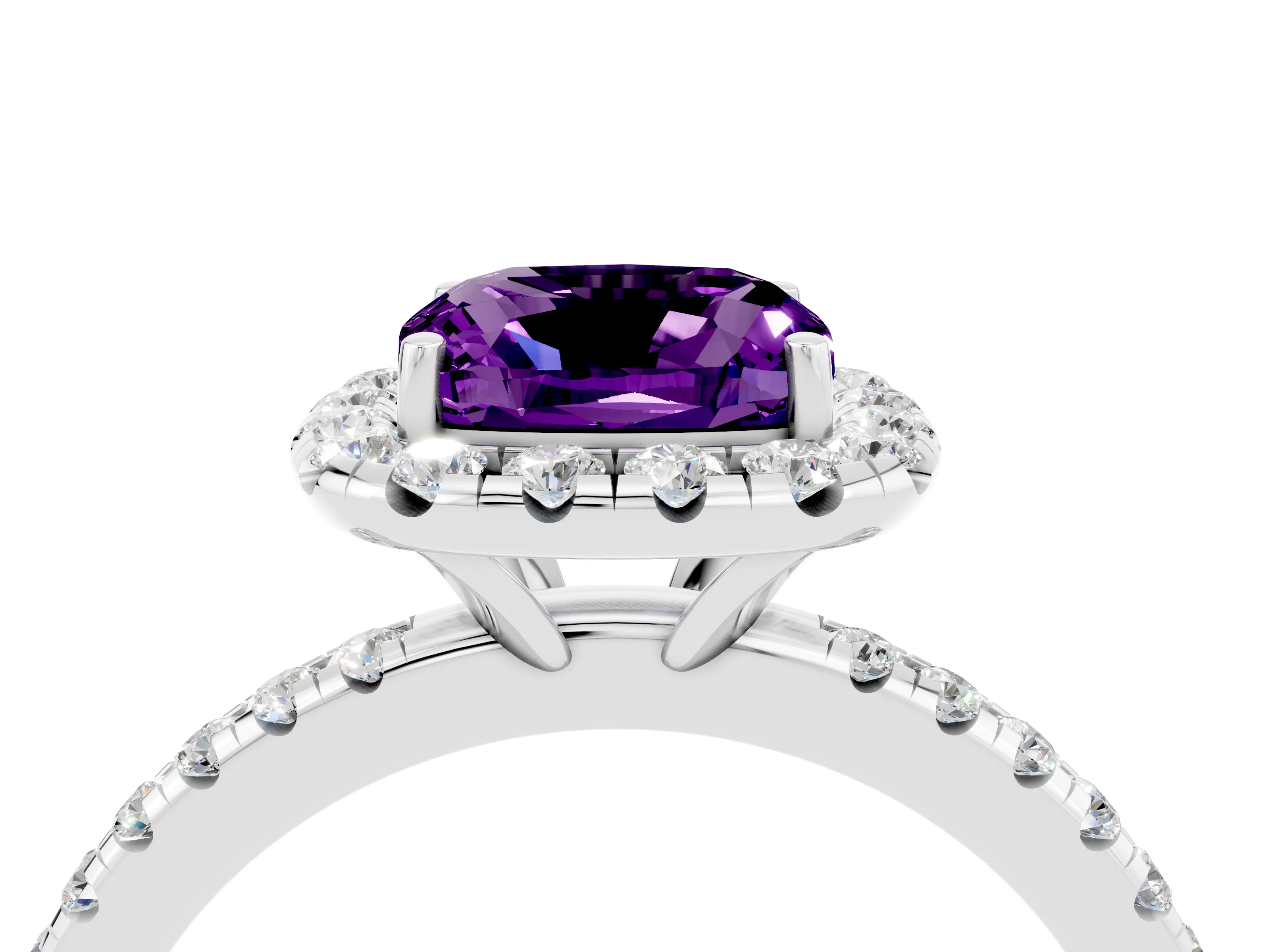 White gold Cushion Cut Halo Round Diamond Pavé Band Four-Prong Ring_4