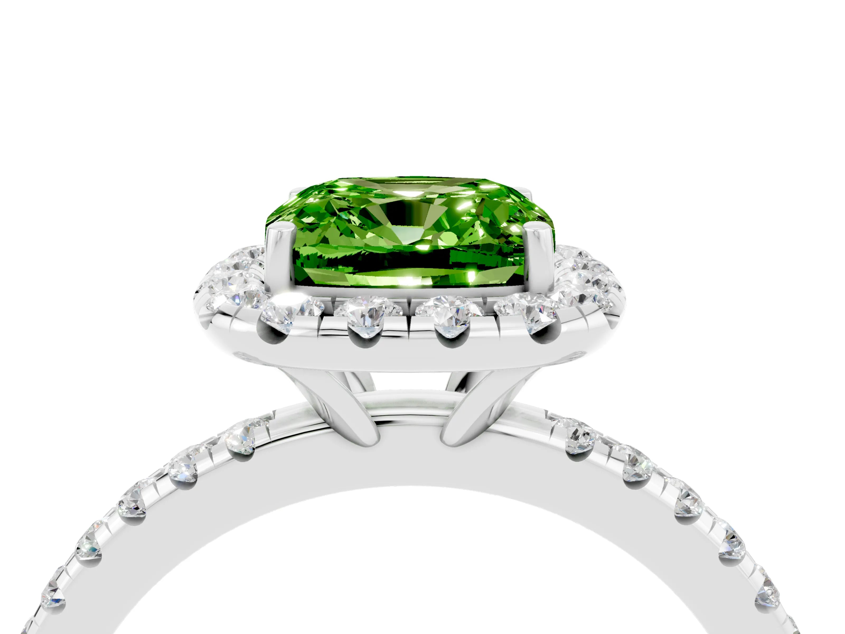 White gold Cushion Cut Halo Round Diamond Pavé Band Four-Prong Ring_4