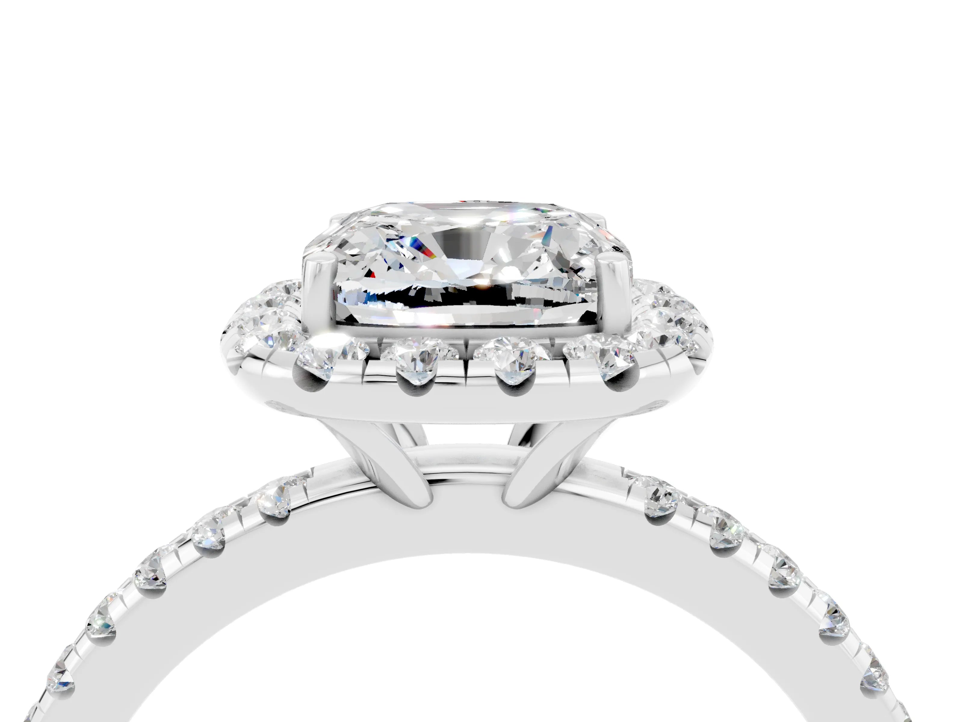 White gold Cushion Cut Halo Round Diamond Pavé Band Four-Prong Ring_4