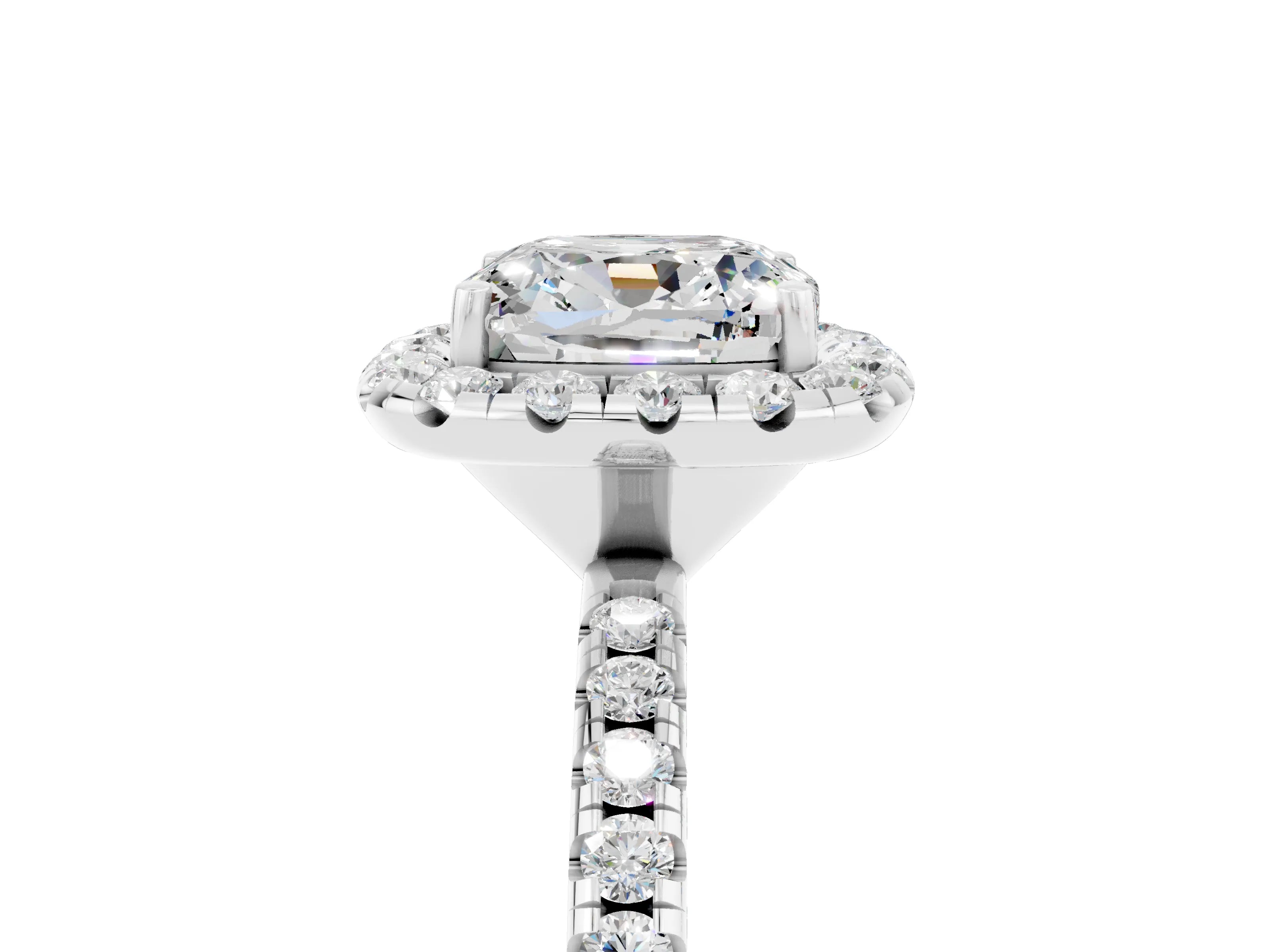 White gold Cushion Cut Halo Round Diamond Pavé Band Four-Prong Ring_5