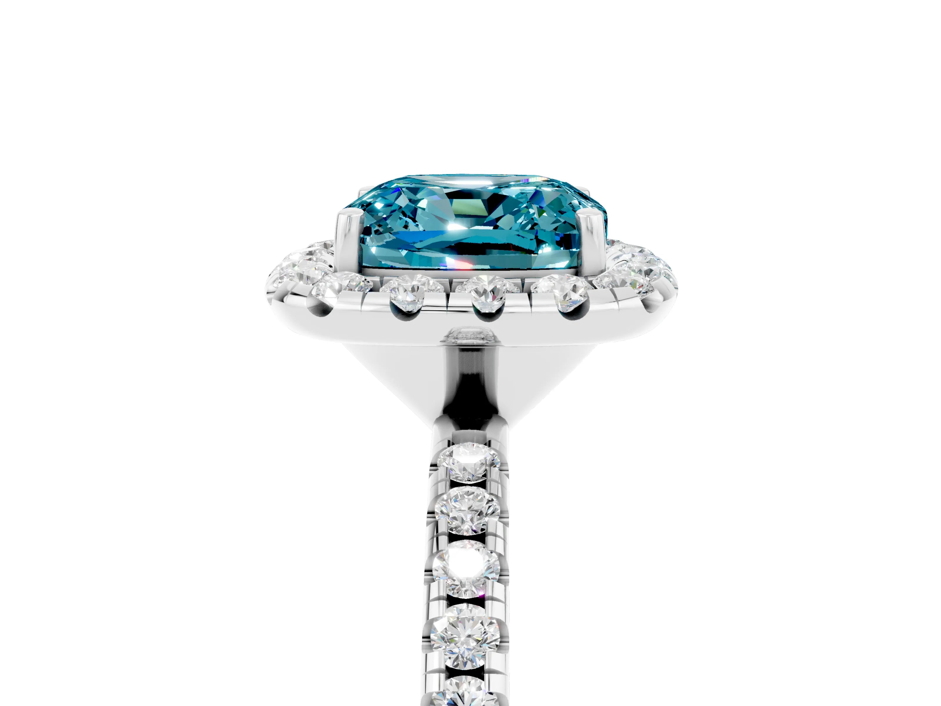 White gold Cushion Cut Halo Round Diamond Pavé Band Four-Prong Ring_5