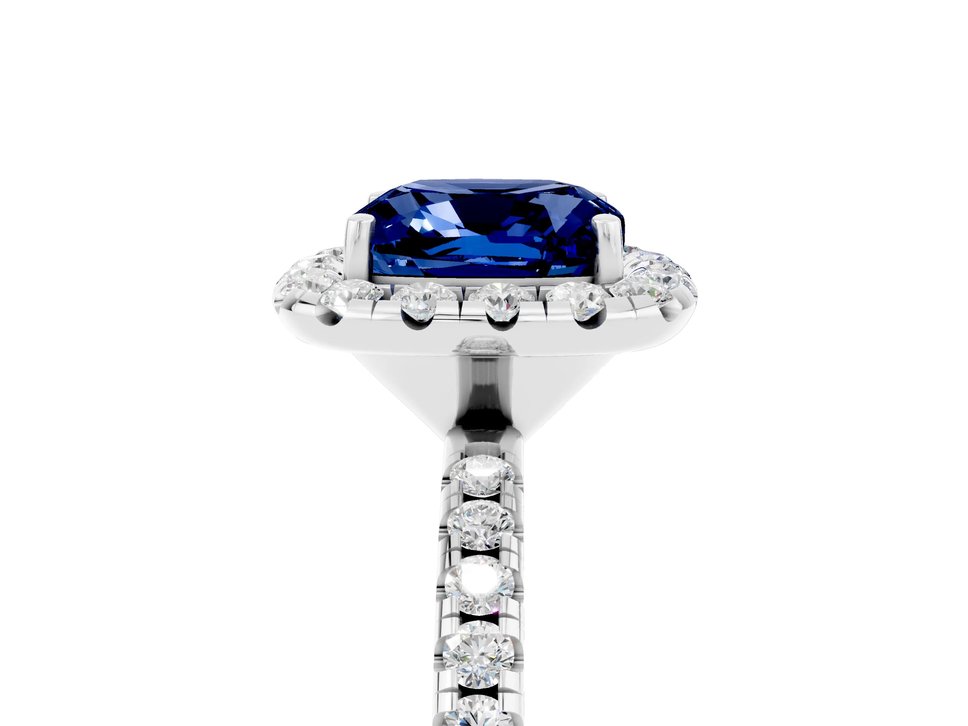 White gold Cushion Cut Halo Round Diamond Pavé Band Four-Prong Ring_5