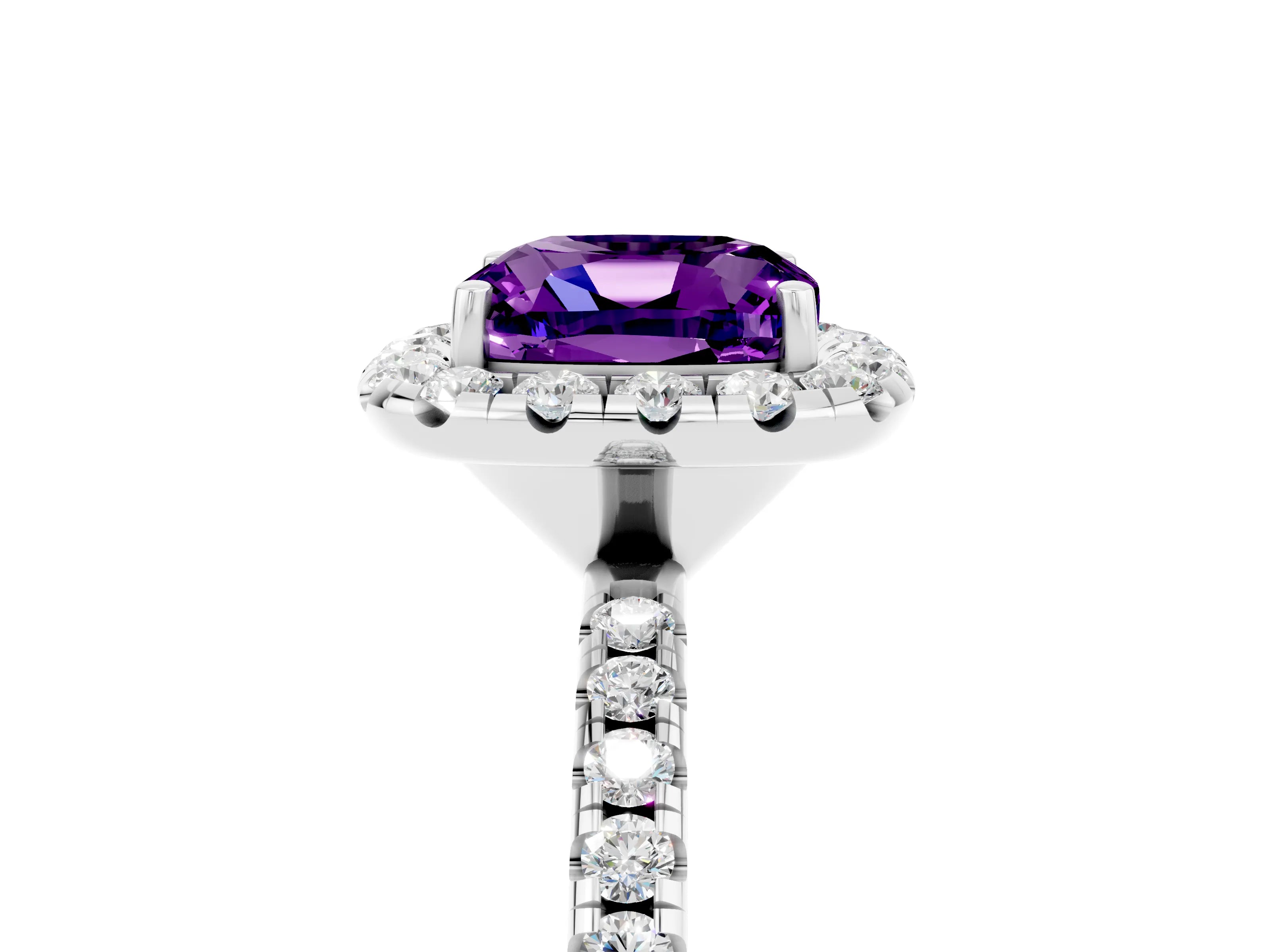 White gold Cushion Cut Halo Round Diamond Pavé Band Four-Prong Ring_5