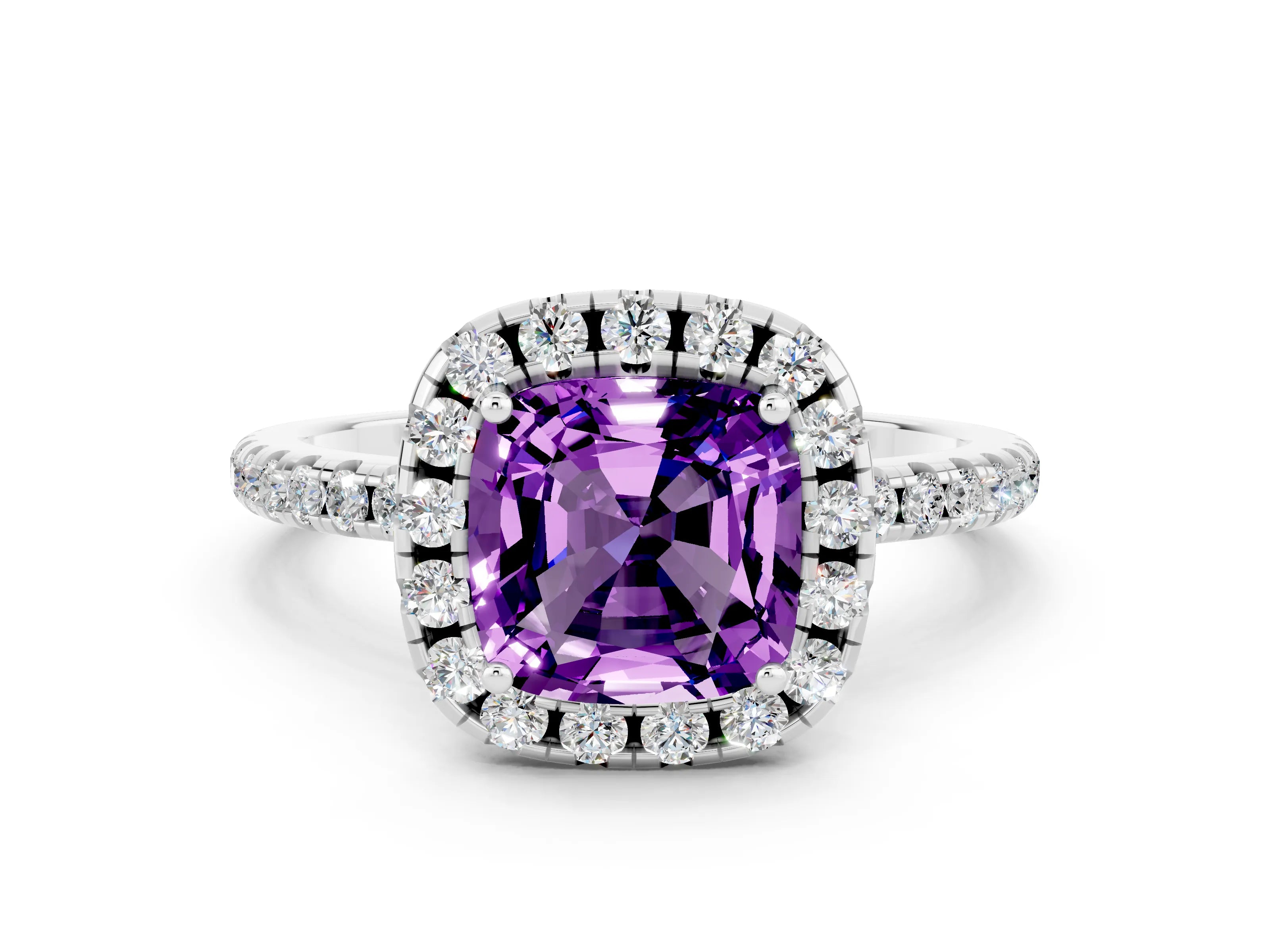 White gold Cushion Cut Halo Round Diamond Pavé Band Four-Prong Ring