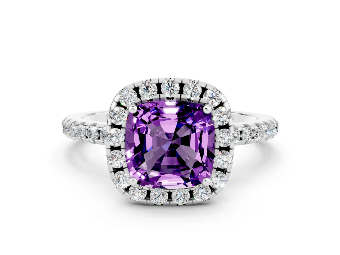 White gold Cushion Cut Halo Round Diamond Pavé Band Four-Prong Ring