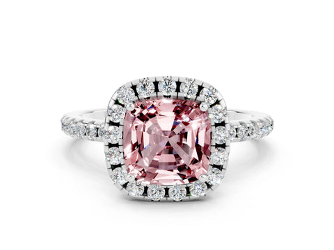 White gold Cushion Cut Halo Round Diamond Pavé Band Four-Prong Ring