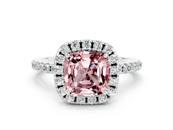 Silver Cushion Cut Halo Round Diamond Pavé Band Four-Prong Ring