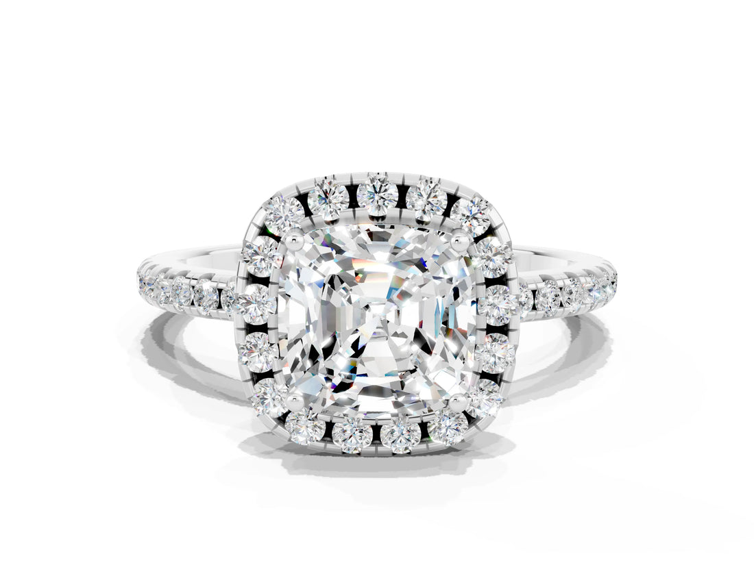 White gold Cushion Cut Halo Round Diamond Pavé Band Four-Prong Ring