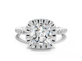 White gold Cushion Cut Halo Round Diamond Pavé Band Four-Prong Ring