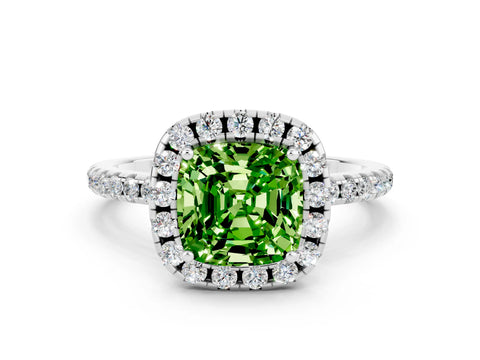White gold Cushion Cut Halo Round Diamond Pavé Band Four-Prong Ring