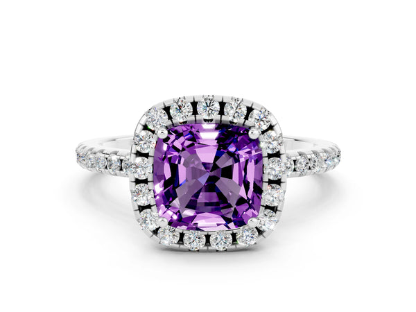 Platinum Cushion Cut Amethyst Halo Ring with Round Pavé Band and Prong Setting