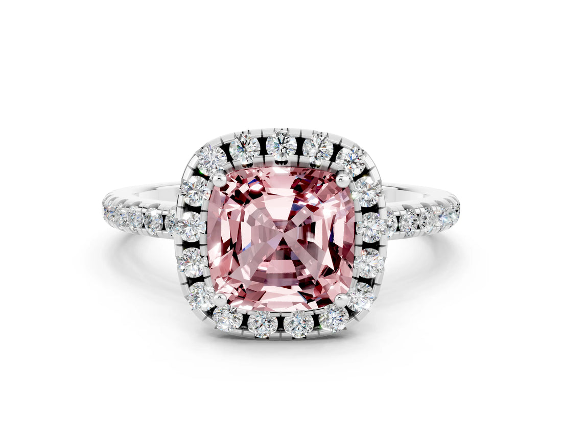 White gold Cushion Cut Halo Round Diamond Pavé Band Four-Prong Ring