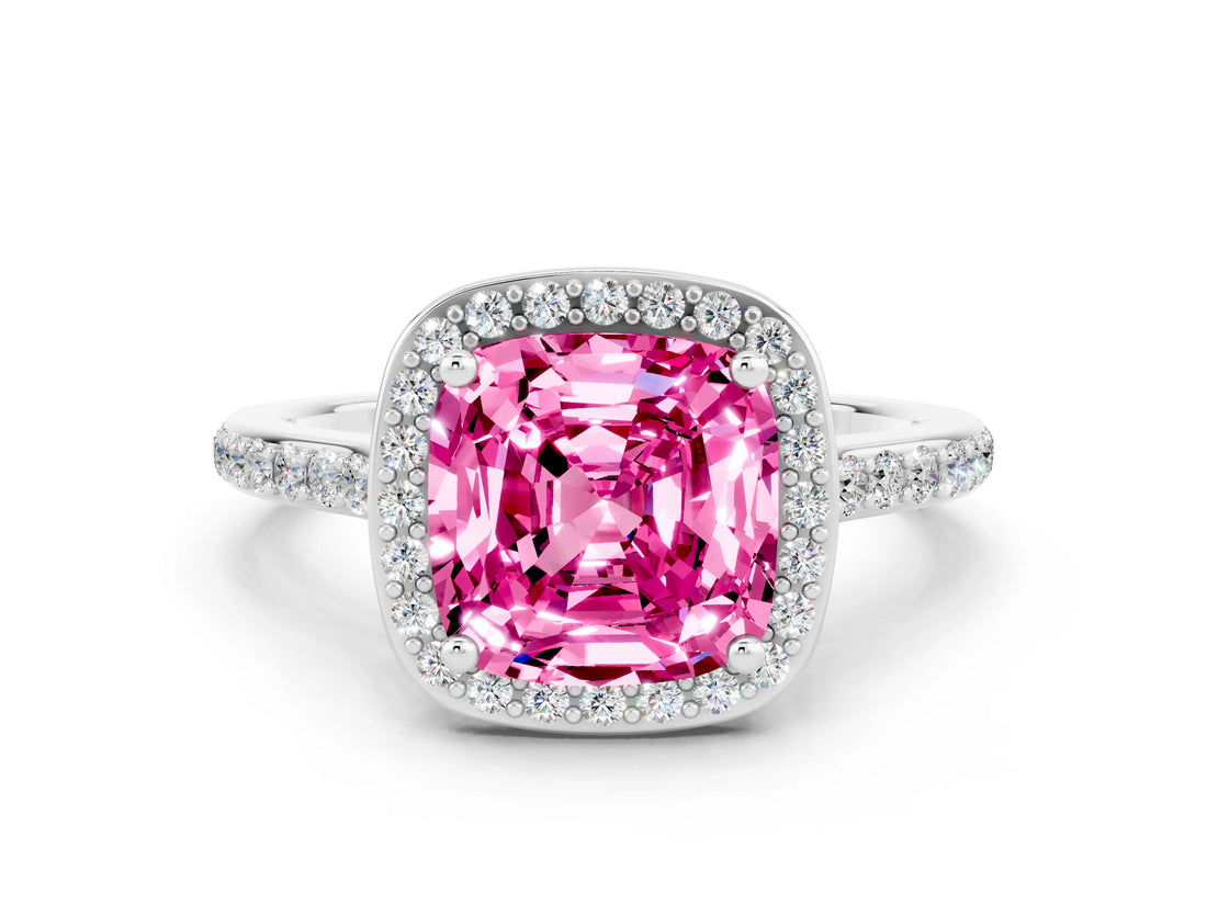 White gold Cushion Cut Halo Round Diamond Pavé Band with Four-Prong Setting