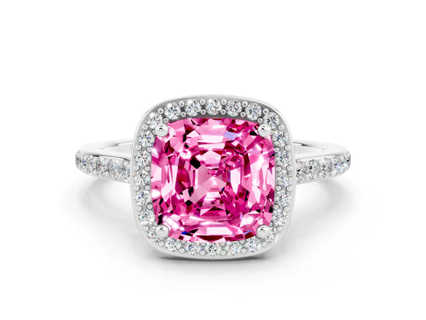 Platinum Cushion Cut Halo Round Diamond Pavé Band with Four-Prong Setting