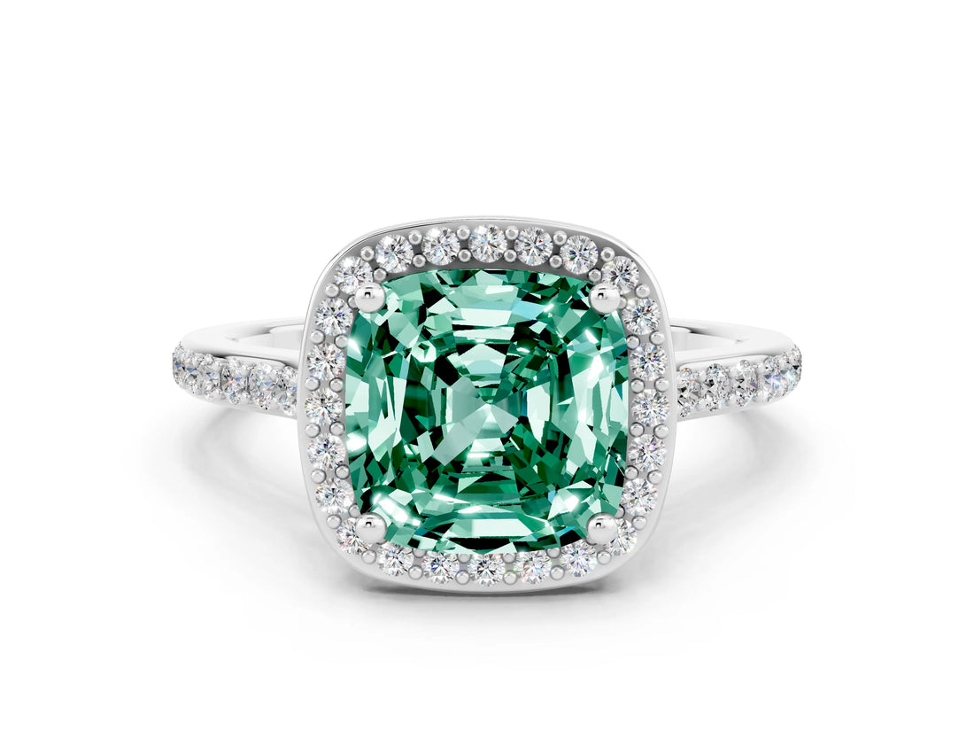 White gold Cushion Cut Halo Round Diamond Pavé Band with Four-Prong Setting