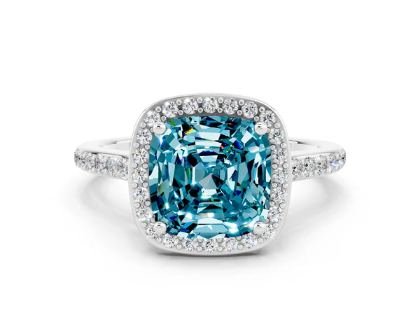 Silver Cushion Cut Halo Round Diamond Pavé Band with Four-Prong Setting