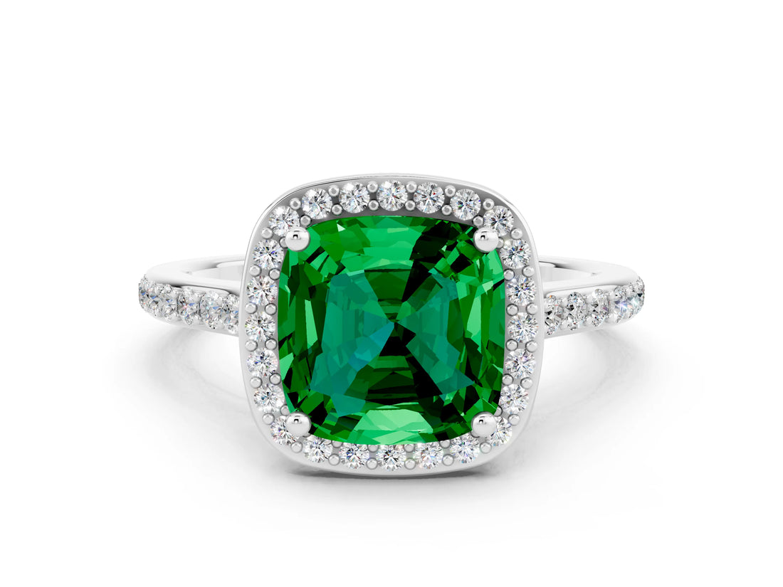 White gold Cushion Cut Halo Round Diamond Pavé Band with Four-Prong Setting