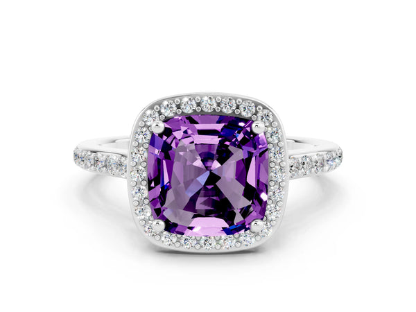 Platinum Cushion Cut Halo Round Diamond Pavé Band with Four-Prong Setting