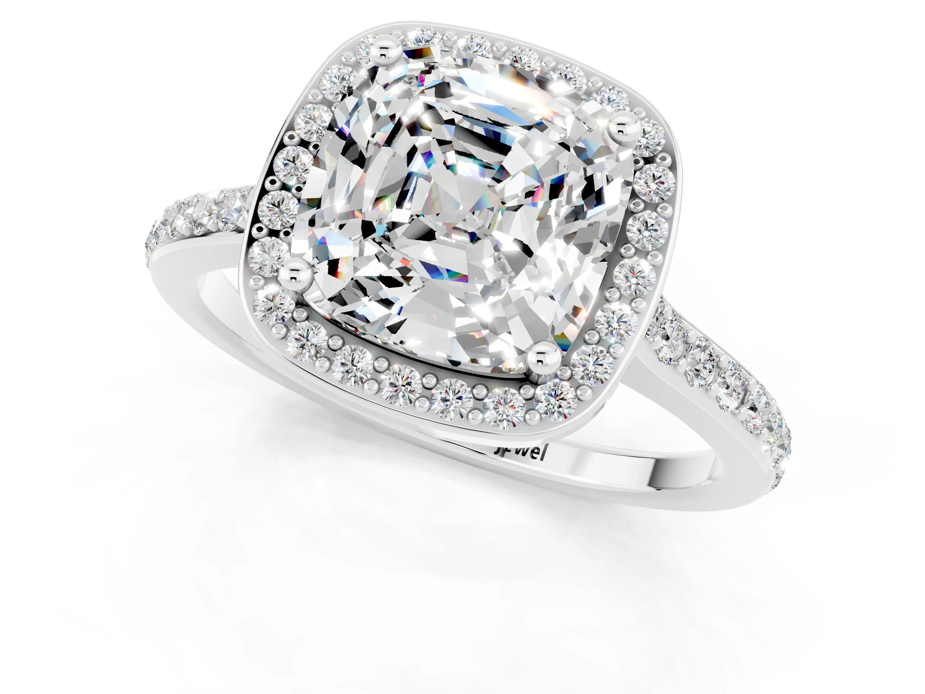 White gold Cushion Cut Halo Round Diamond Pavé Band with Four-Prong Setting_1