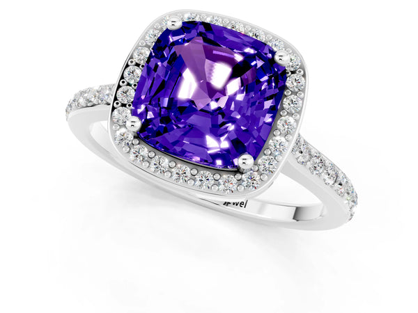 White gold Cushion Cut Tanzanite Halo Engagement Ring with Round Pavé Shoulders and Prong Setting