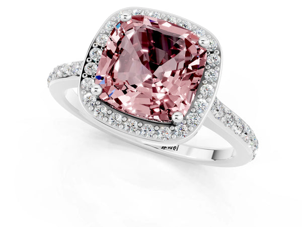 White gold Cushion Cut Halo Round Diamond Pavé Band with Four-Prong Setting