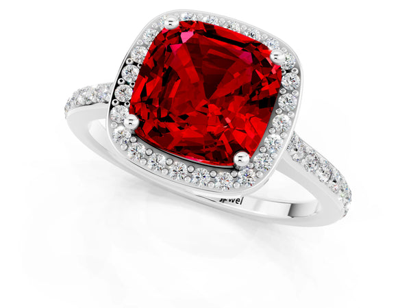Platinum Cushion Cut Halo Round Diamond Pavé Band with Four-Prong Setting