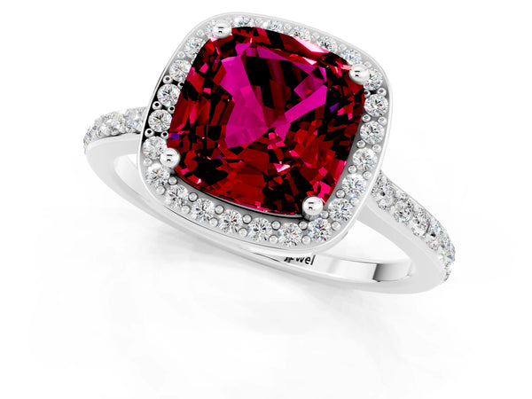 White gold Cushion Cut Garnet Halo Engagement Ring with Round Pavé Shoulders and Prong Setting