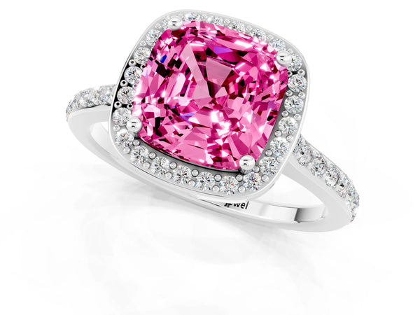Platinum Cushion Cut Halo Round Diamond Pavé Band with Four-Prong Setting