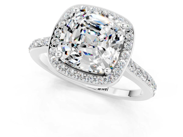Silver Cushion Cut Moissanite Halo Engagement Ring with Round Pavé Shoulders and Prong Setting