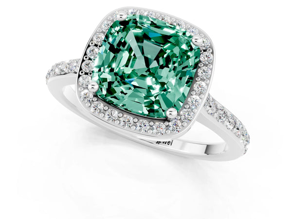 Platinum Cushion Cut Green Sapphire Halo Engagement Ring with Round Pavé Shoulders and Prong Setting