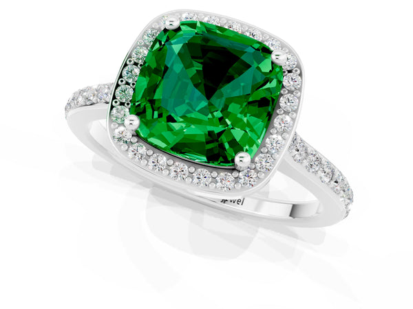 Silver Cushion Cut Emerald Halo Engagement Ring with Round Pavé Shoulders and Prong Setting