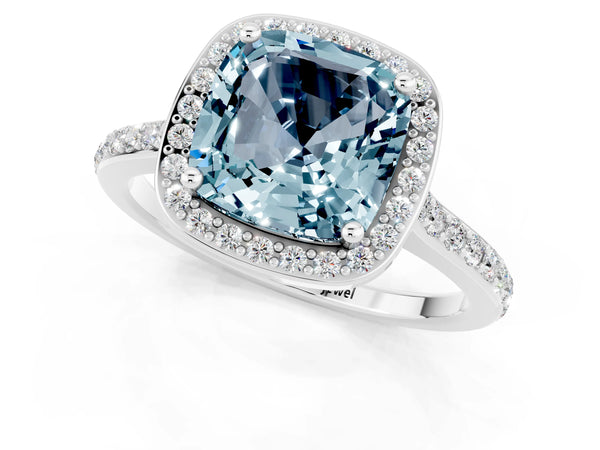 White gold Cushion Cut Aquamarine Halo Engagement Ring with Round Pavé Shoulders and Prong Setting